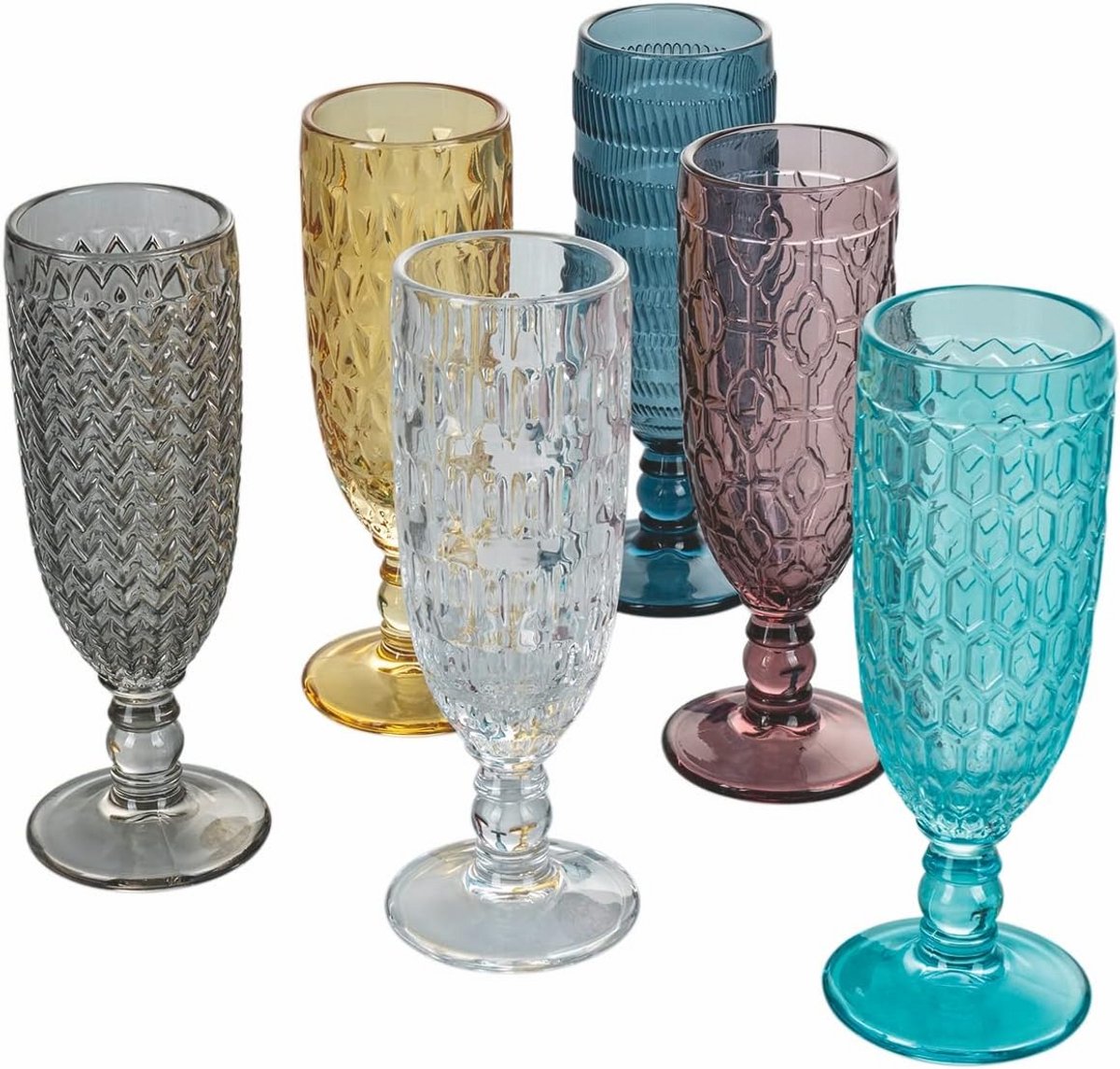 Set van 6 Champagnefluiten van Glas met Geometrisch Reliëf - 160 ml