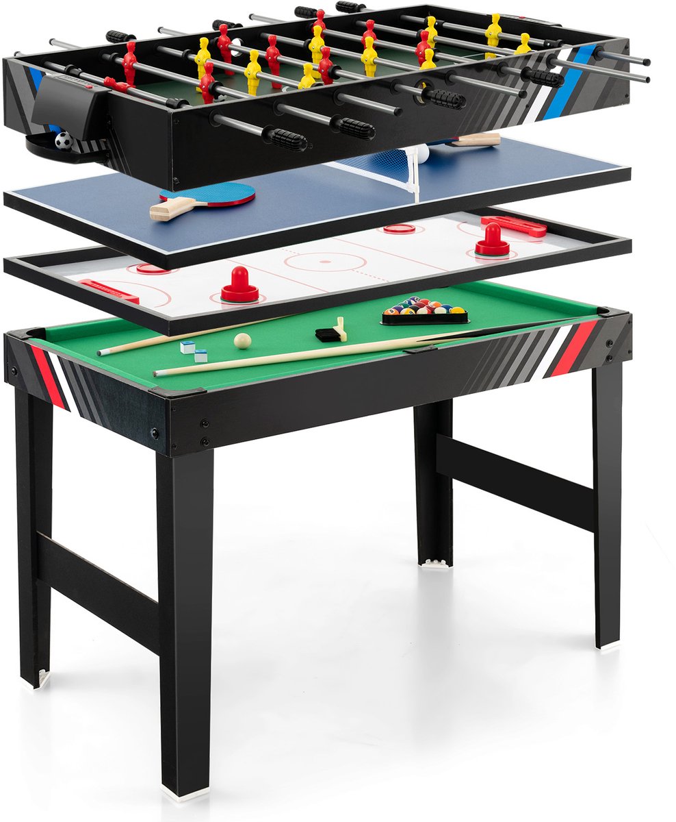 COSTWAY Multispeeltafel, 4-in-1 tafelvoetbaltafel met biljart, push hockey, tafeltennis, multifunctionele tafel, tafelvoetbalaccessoires, voor thuisspeelkamer, feestbars
