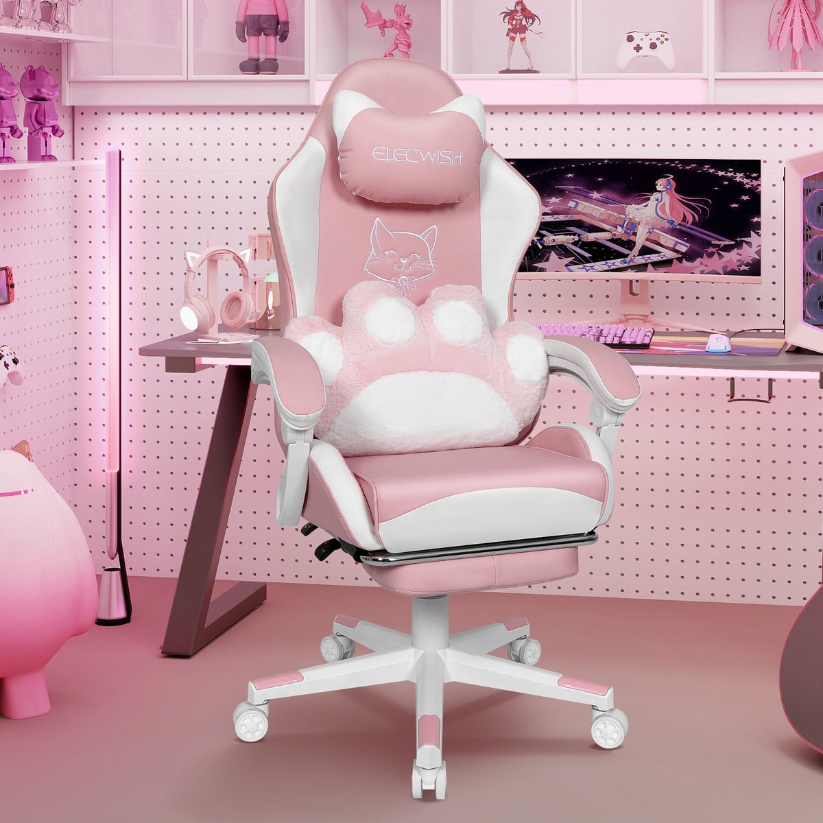Puluomis - Gaming stoel - Bureaustoel - Katten lendenkussen - PU leer - Hoogte verstelbaar - 90°-135° kantelbaar - Wit Roze
