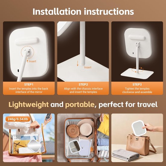 Installatie-instructies voor een lichtgewicht en draagbare make-upspiegel. 3 stappen om te monteren, perfect voor reizen.