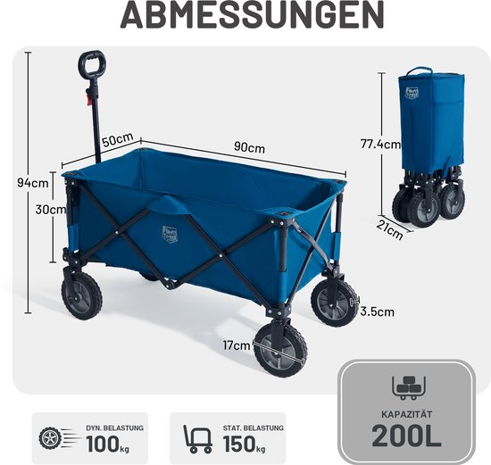 TIMBER RIDGE Bolderkar Opvouwbaar - 200 Liter - 100 KG Draagkracht - all-terrain wielen - Verstelbare hendel - Inklapbare Bolderwagen - Compact - Blauw — afbeelding 3