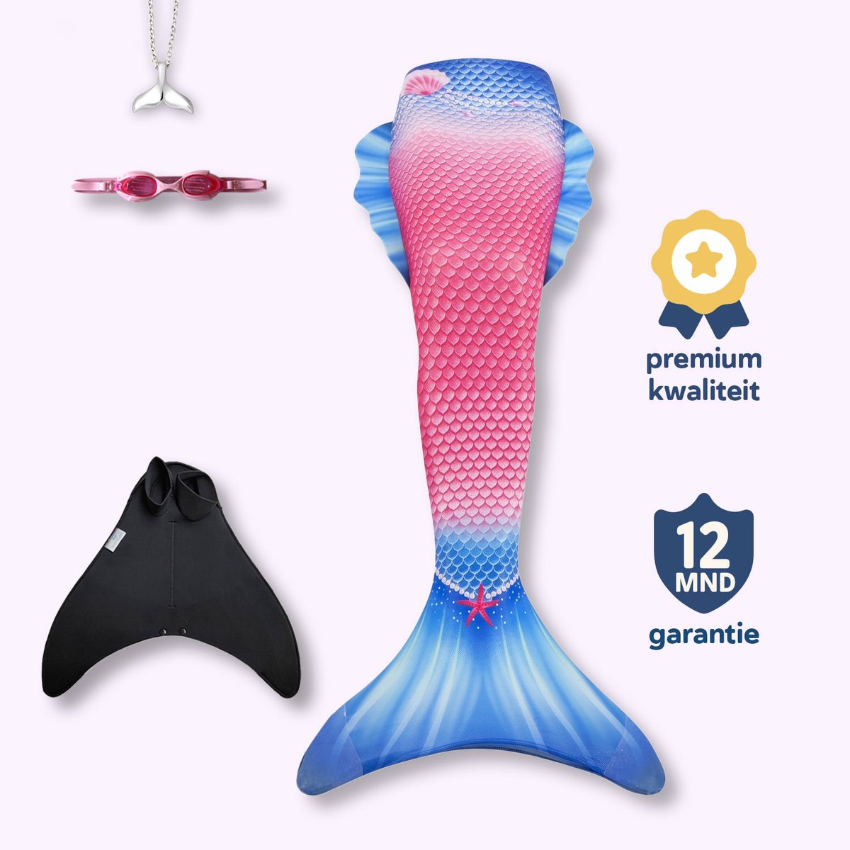 Jewel zeemeerminstaart maat 146-152 - monovin met voetvakken - zwembril en ketting