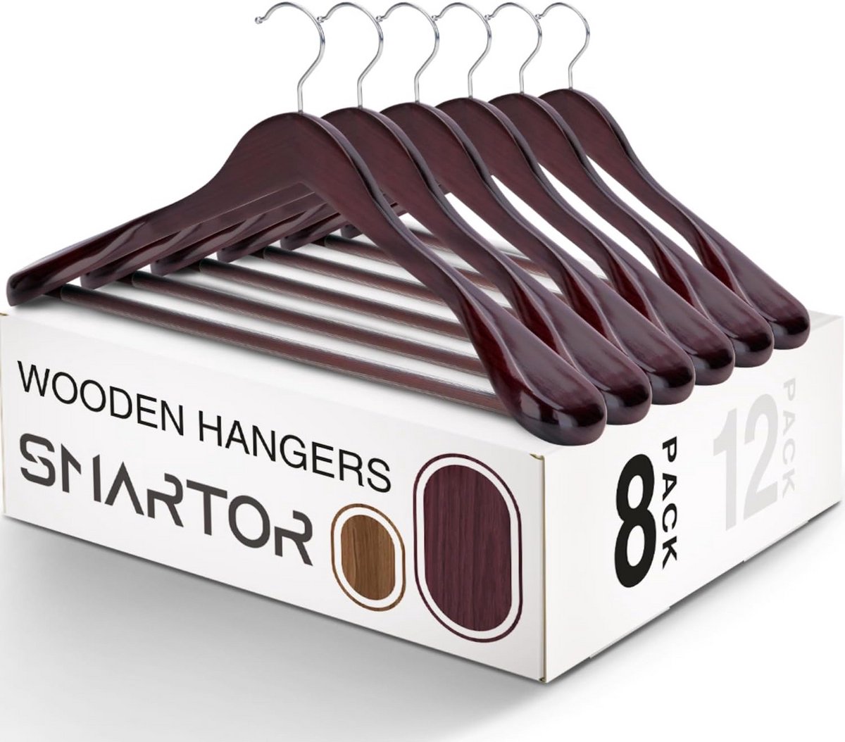 Set van 8 Brede Houten Kledinghangers met Antislip Broekstang