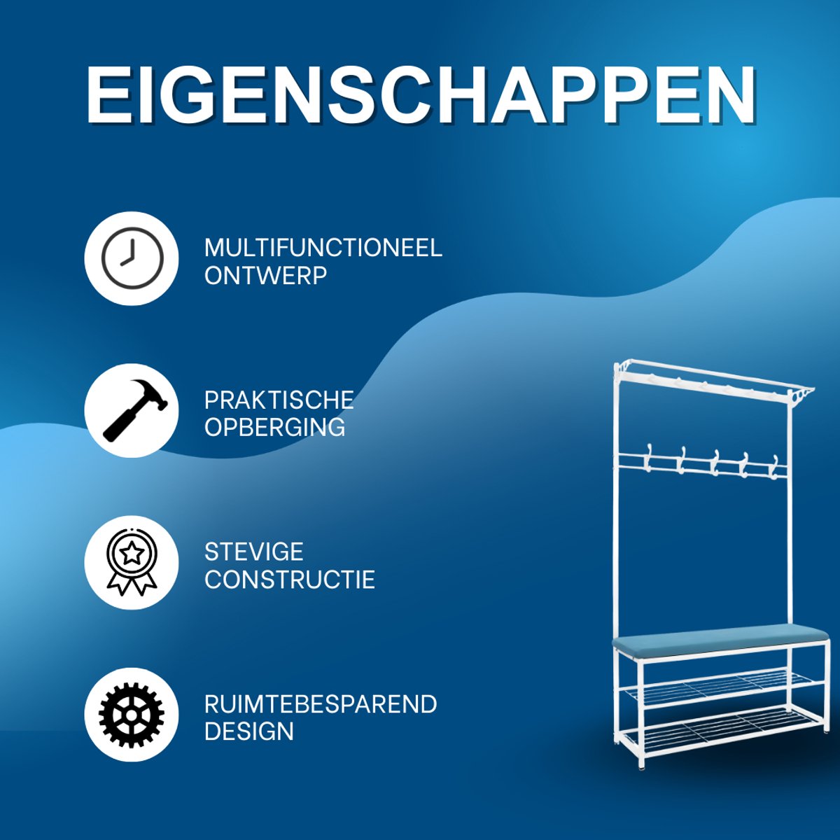 Kapstok met bank - Kledingrek - Schoenenrek - Voor kledingopslag en schoenen - Multifunctioneel - Met haken en bankje - Blauw – foto 3