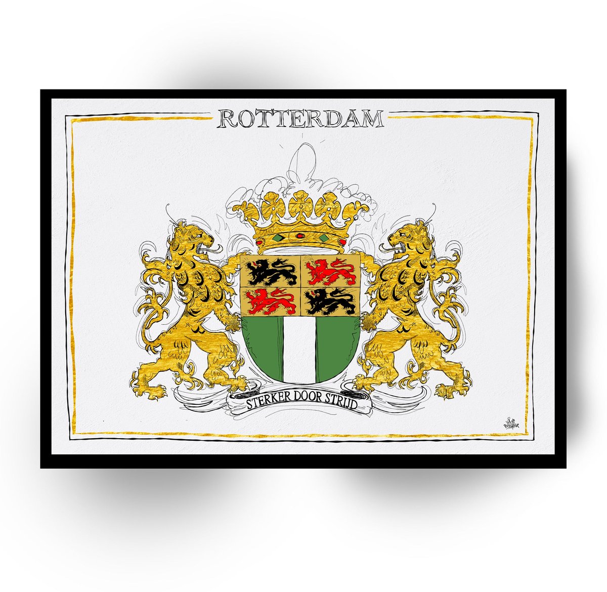 Wapen van Rotterdam, Liggend stadswapen Rotterdam poster, lijst, canvas lijst, illustratie Hans Breuker - Meerdere kleuren - Canvas 30 x 20 cm (a
