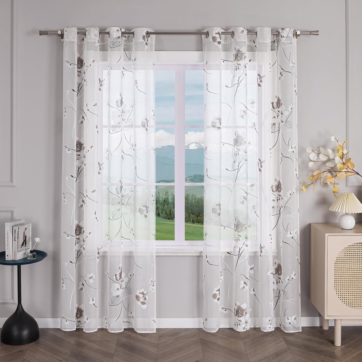 Unyqoos Transparant gordijn met bloemenpatroon en inslagringen voor woonkamer 140 x 225 cm wit