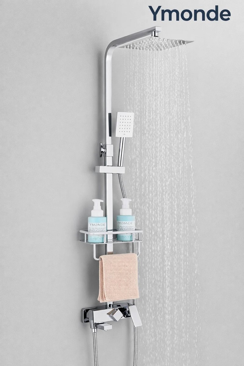 Ymonde Chroom Zilveren Doucheset – Hendelkraan + Regendouche + Handdouche – Luxe Douchekolom – Modern Design – Zilver/Chroom