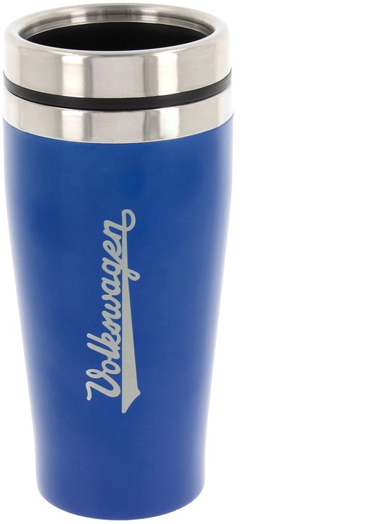 Korenblauwe thermosbeker met zilverkleurig Volkswagen logo. RVS rand en sluiting.