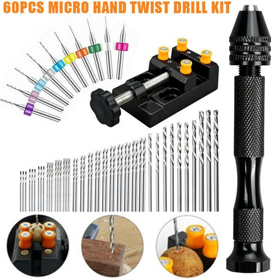Ensemble de 60 micro-perceuses à main avec mèches hélicoïdales, un mandrin et un étau. Diverses applications sur bois et noix de coco.