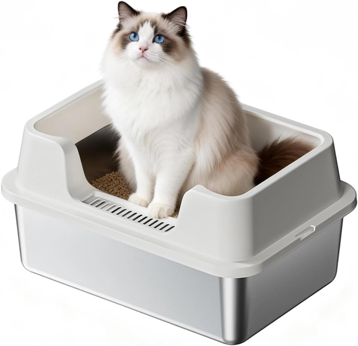 RVS Kattenbak - Kattentoilet Roestvrijstaal - Open Kattenbak - Incl. Kattenbakschep met Houder en Gritopvang Opstapje - 50x35x22cm - wit