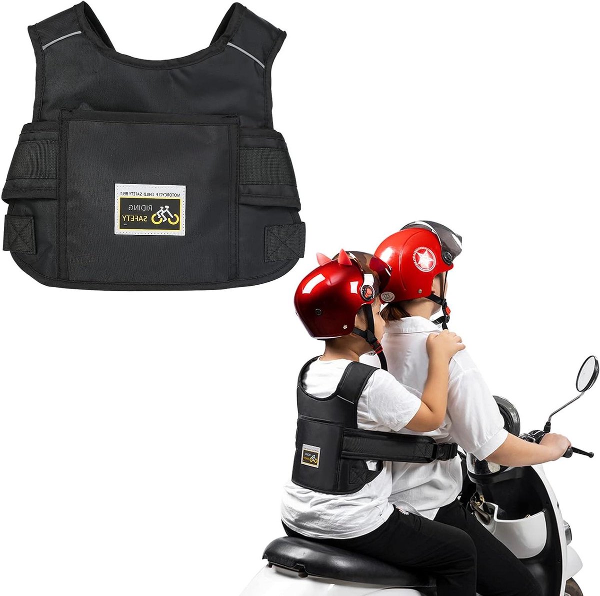 Veiligheidsgordel voor kinderen - Motorfiets Kinderriem - Instelbare lengte - Reflecterende strepen - 1 tot 10 jaar.