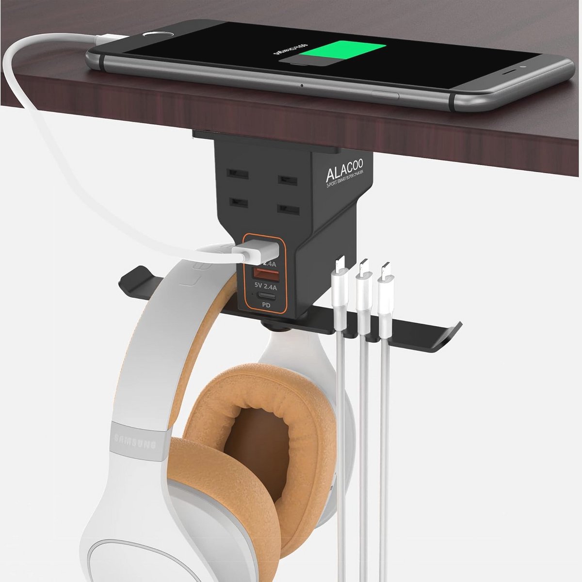 Hoofdtelefoonstandaard met USB oplaadstations en AC-aansluitingen voor gamers