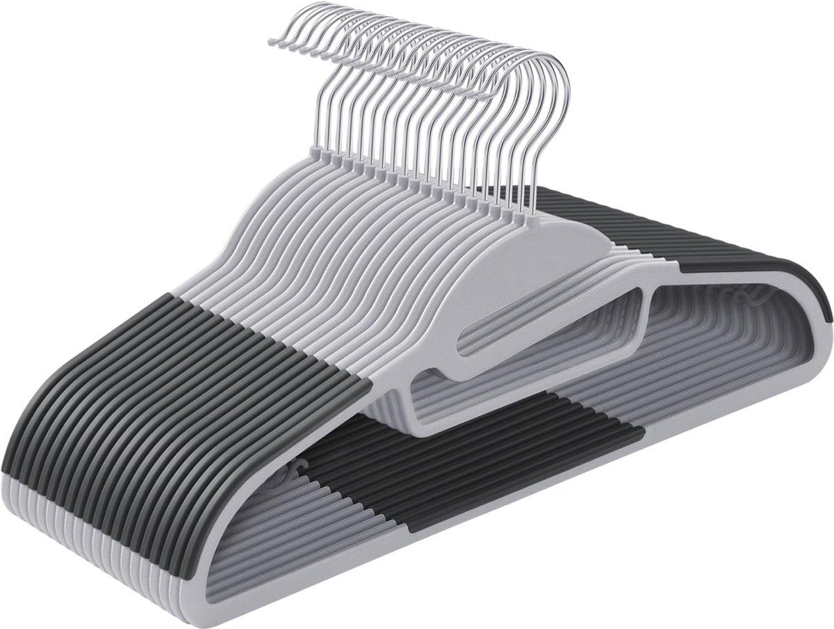 Famanu - Set van 20 ruimtebesparende kunststof kleerhangers met antisliplaag – Grijs