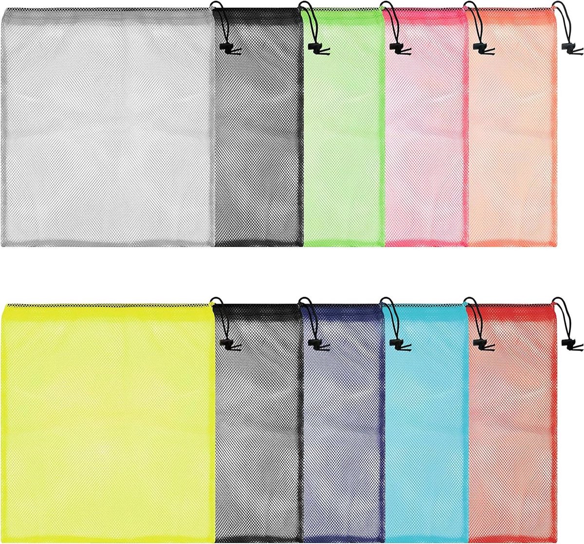 Allecta - Set van 10 Nylon Waszakken met Trekkoord - Multicolor - 35,5 x 40 cm - Voor Opslag, Reizen, Wassen, Sport, Strand en Zwembad