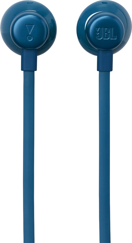 Blauwe JBL oordopjes met het JBL logo op de rechteroordop.