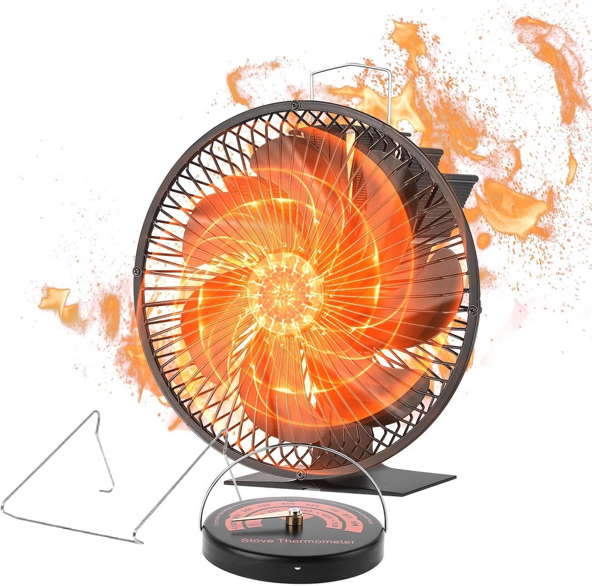Houtkachelventilator met beschermkap en thermometer - 7 bladen, warmte-aangedreven, efficiënt en stil