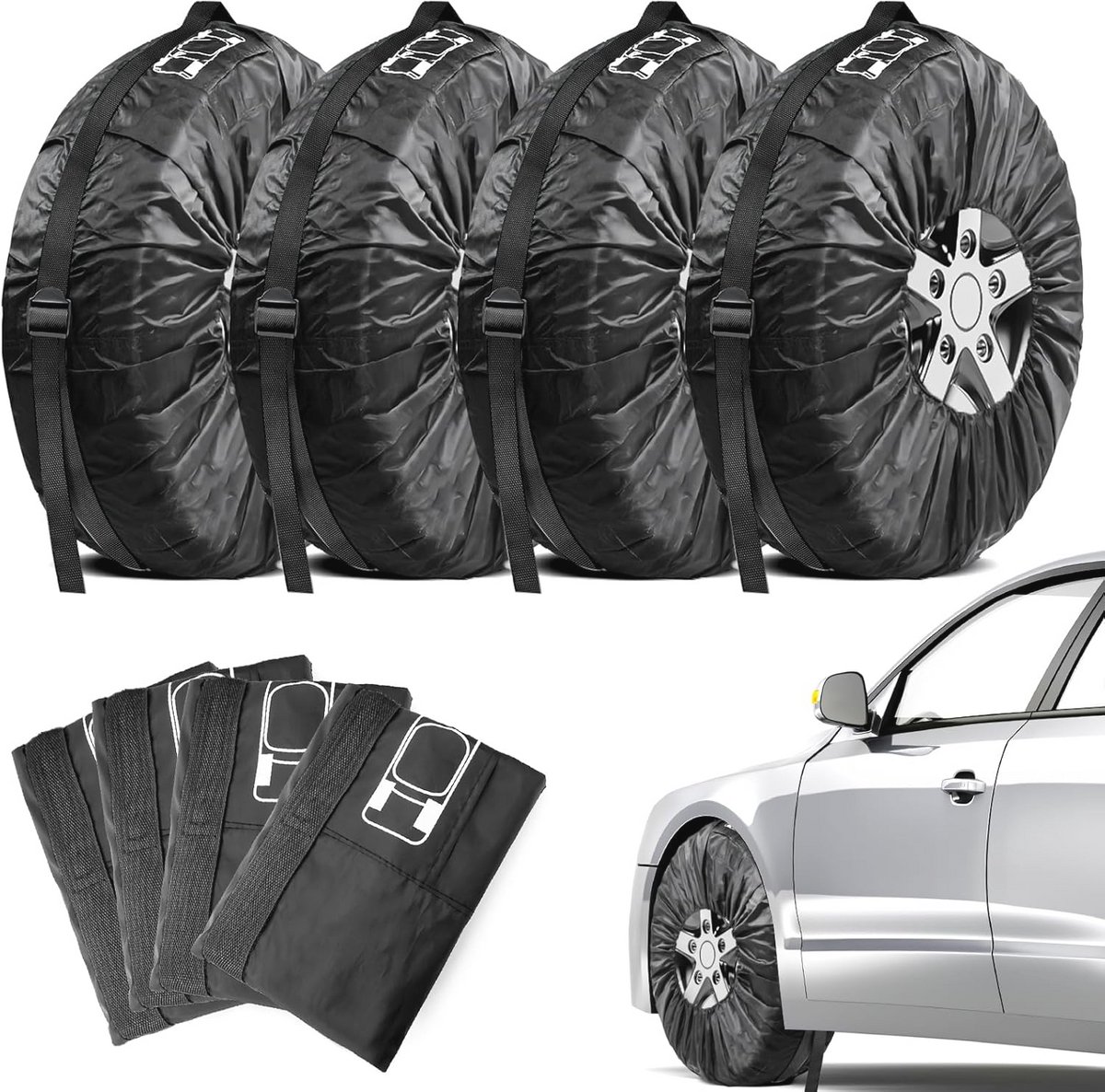 Tyre Covers Set van 4 voor Opberging en Transport - Zwart, 46-55 cm