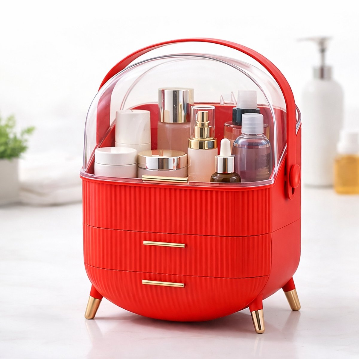 NETTLIFE Make Up Organizer - Skincare Organizer - Organizer Make Up - met 3 niveaus - Make up koffer - Opbergdoos - draaibare handgreep en doorzichtig deksel - Water- en stofdichte cosmetica - Rood