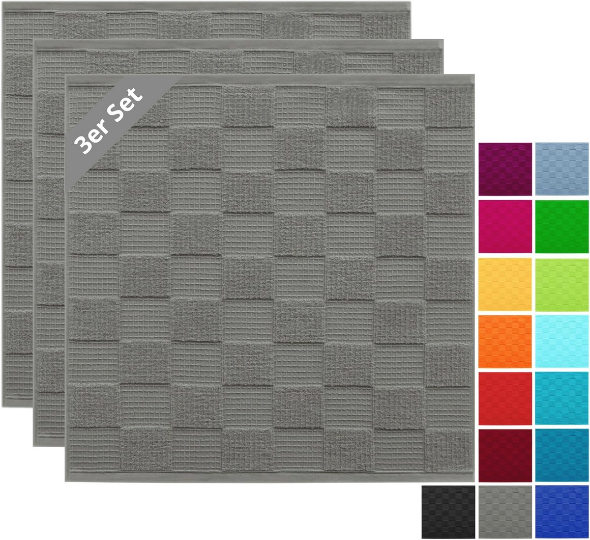 Set van 3 Keukenhanddoeken 50x50 cm - Donkergrijs Wafelpiqué en Badstof