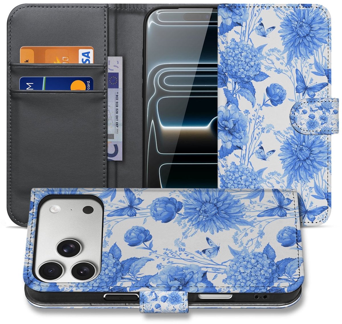 Apple iPhone 17 Pro Max Portemonnee Hoesje Blauw Bloemen PU-Leer 3 Pasjes