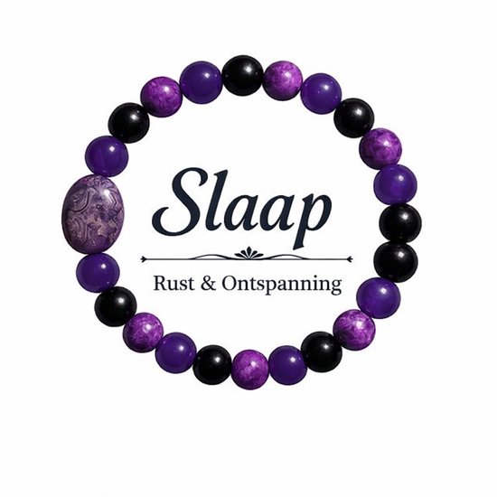 Bracelet de perles violettes et noires avec une grosse pierre. Texte : Dors, Repos & Détente.