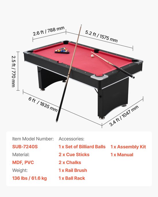Pooltafel 183 cm - Biljarttafel - Verstelbare poten - Complete set met poolballen, keuen, krijt, borstel, driehoek - Voor speelkamer en recreatieruimte - Zwart met rood laken van Maxstore — afbeelding 2