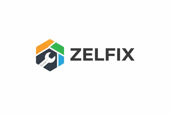 ZELFIX logo met zeskant en moersleutel, groen, blauw, oranje en grijs.