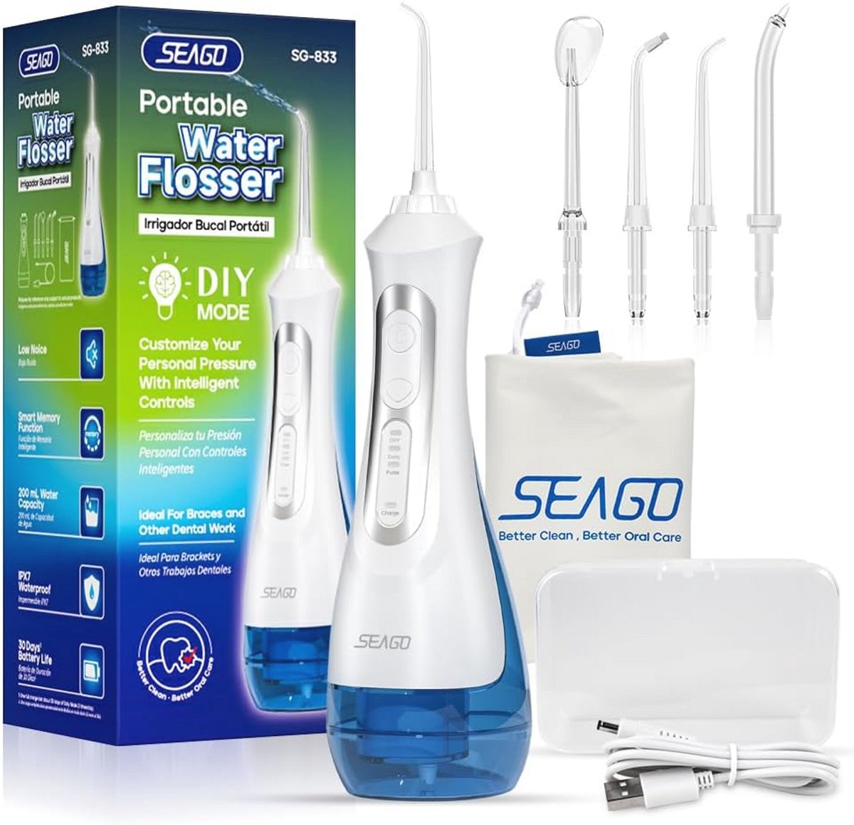 Draagbare Oral Irrigator Met 5 Spuitmonden - 200 ml Capaciteit, IPX7 Waterdicht