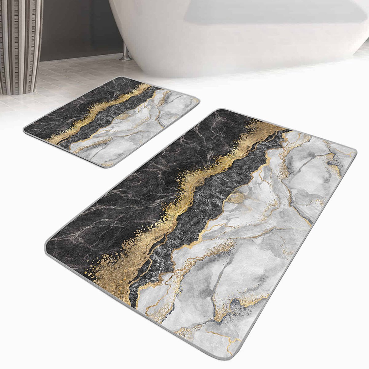 Boraboi® Badmat antislip 2 stuk set- Badmatten 60x100cm en 50x60cm,(Zwart,grijs,gouden)