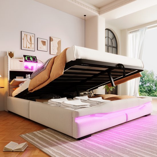 MODFU Ledikant 160x200 cm – Met hydraulische opbergruimte en app-gestuurde LED – Linnen bekleding – Beige