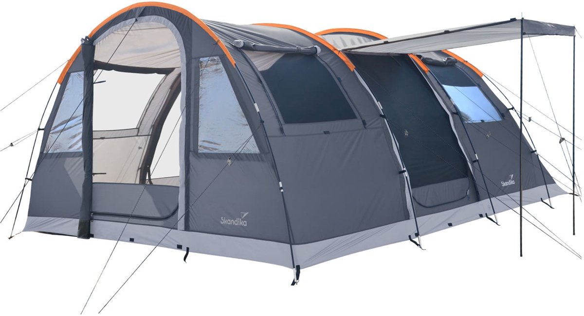 Skandika Gotland 5 Tent – Tenten – Campingtent – Voor 5 personen – Tunneltent – 210 cm stahoogte - Muggengaas – Familietent - Deelbare slaapcabine – 505 x 370 x 210 cm (L x B x H) - 5000mm waterkolom – Outdoor, Camping, Tuin – Kamperen – grijs/oranje