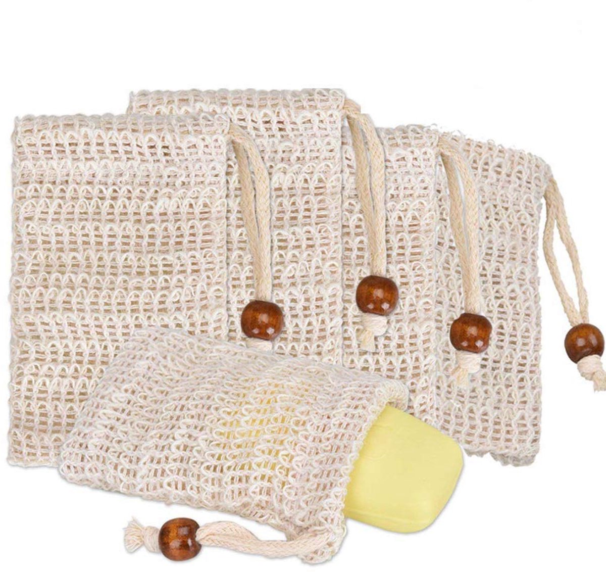 Set van 5 stuks - Zeepzakjes - Opbergtas voor zeep - Perfect voor het scrubben en bewaren van zeep - Maakt gemakkelijk schuim en droogt snel - Geschikt voor douchen en wassen - Bruin