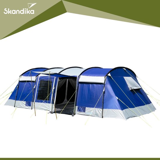 Skandika Montana 8 Tent – Tunneltenten – 8 persoons tent – Campingtent – 200 cm stahoogte – 2-4 Slaapcabines - Muggengaas – Familietent – 4 ingangen – 700 x 310 x 200 cm (L x B x H) - 5000 mm waterkolom – Outdoor, Camping – Kamperen – blauw