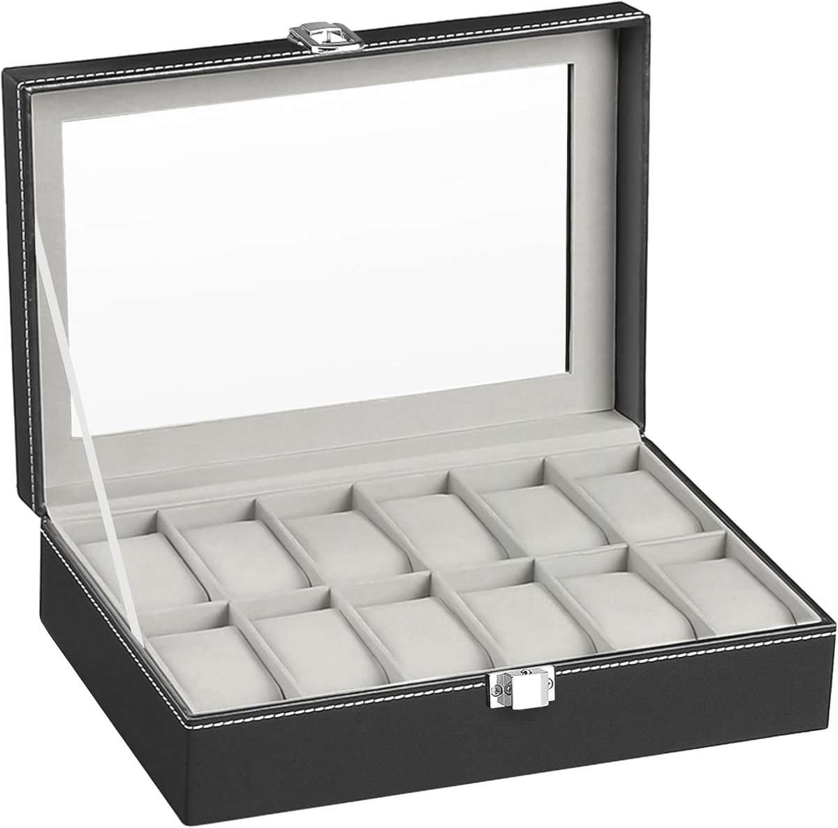 Horlogedoos met 12 Vakken en Glazen Deksel voor Horloges