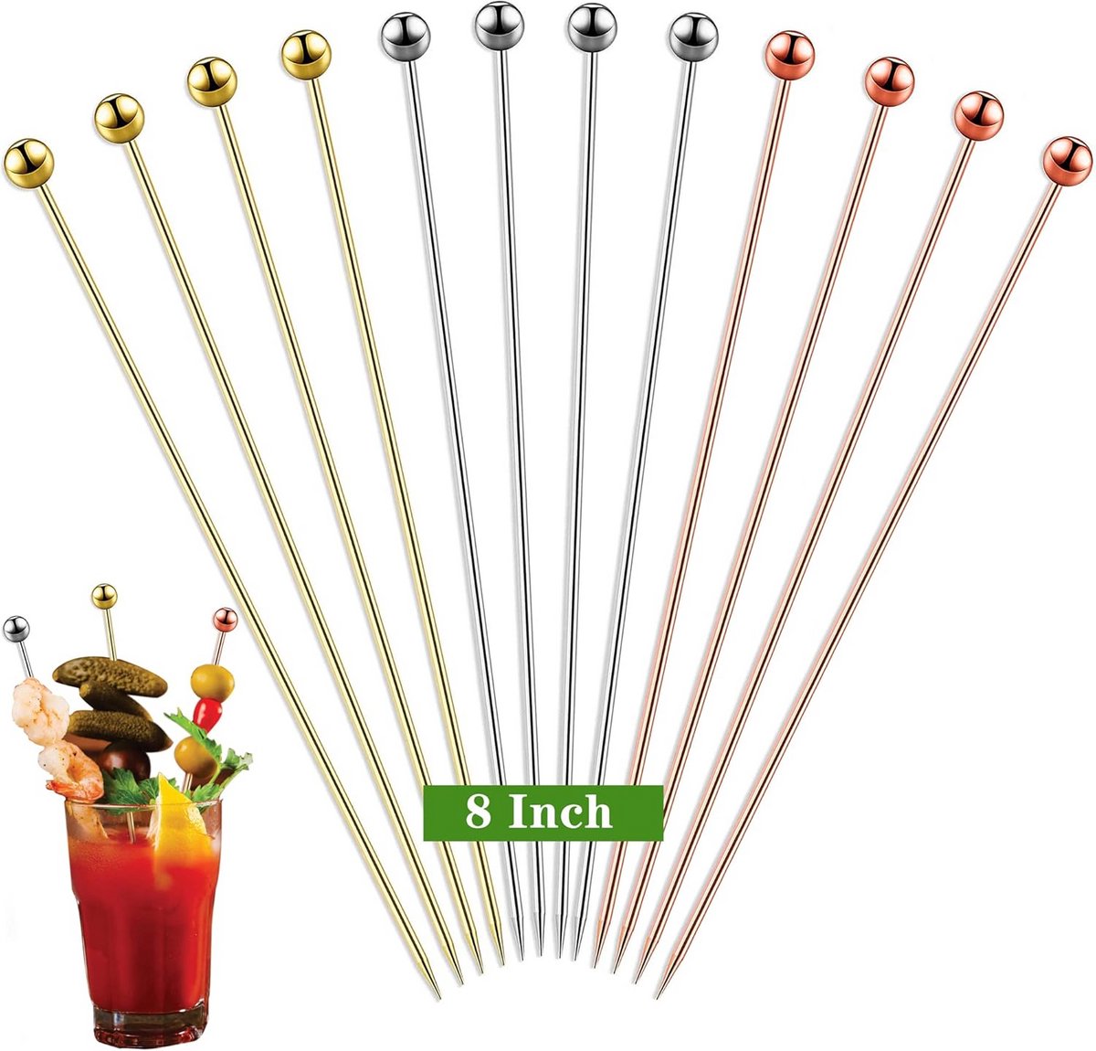 12x Herbruikbare Cocktailprikkers RVS - Bloody Mary Spiesjes & Garnituur Prikkers