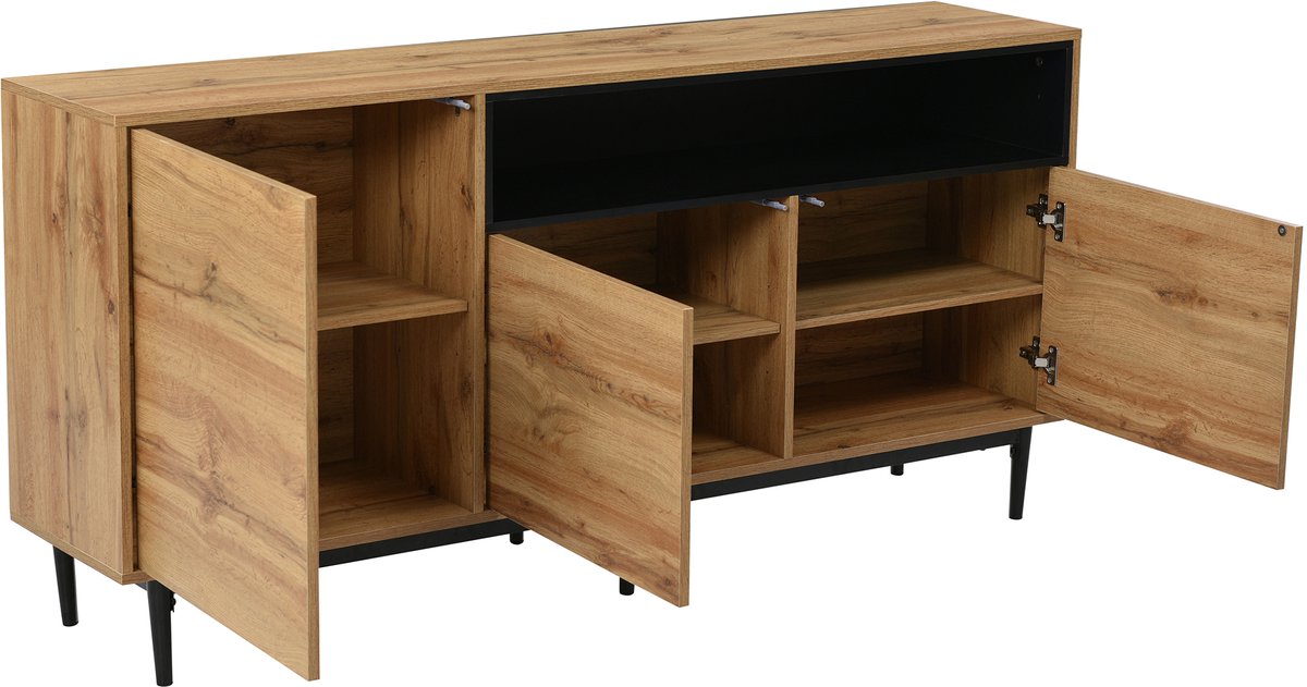 Modern houten dressoir met drie deuren en planken, 160 x 35 x 76 cm, eenvoudig te monteren, ruimtebesparend ontwerp, robuust en betrouwbaar.