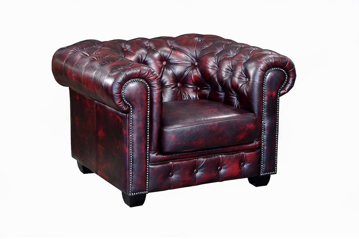 Vente-unique Driezitsbank en fauteuil Chesterfield BRENTON 100% buffelleer - cherry Bordeaux