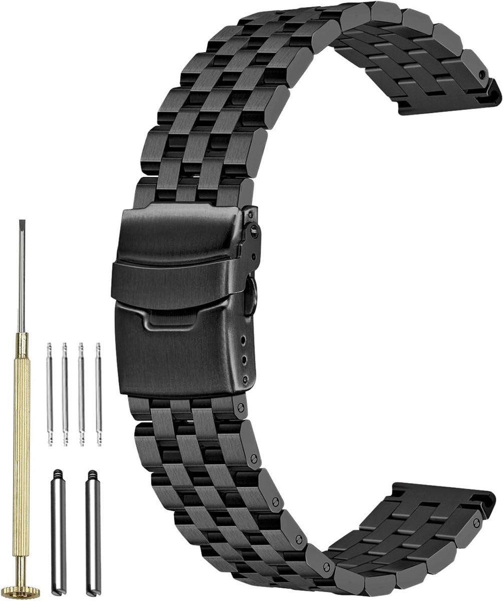 Allecta - Roestvrij Stalen Horlogeband 20mm 22mm 24mm met Schroef Fix Metalen Links, Vervangingsband met Implementatie Sluiting voor Mannen en Vrouwen in Zwart en Zilver