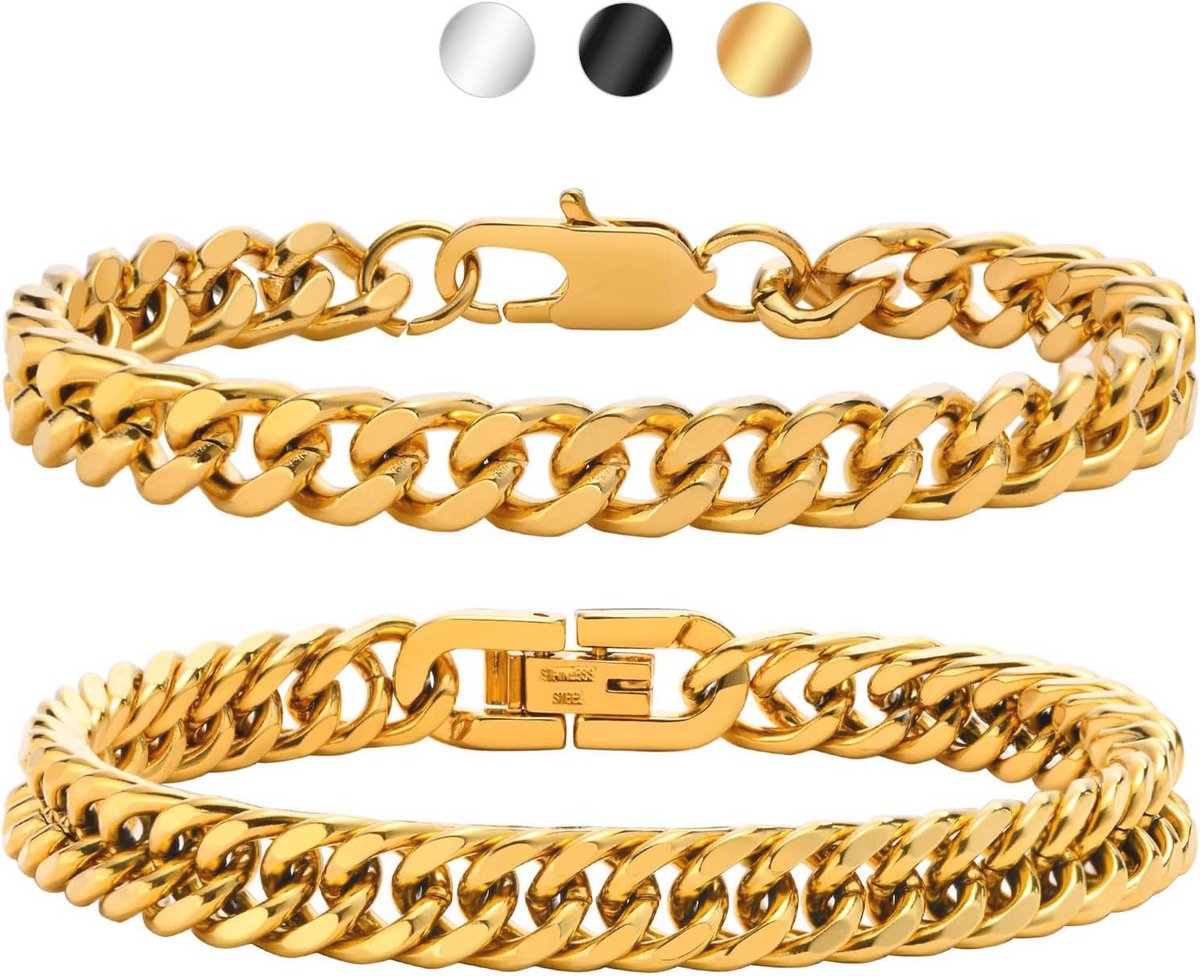 2 Stuks Pantserarmband voor Heren van Staal - Onbreekbare Cubaanse Link Armband - Cadeau voor Heren en Dames - 19CM Roestvrij Staal