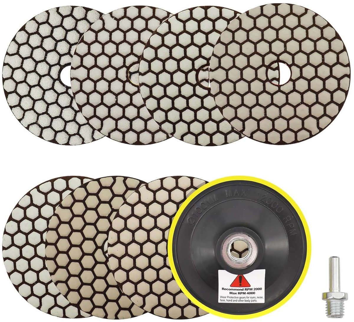 Polijstpads voor diamanten 100 mm - Set van 7 met korrel 50 t/m 3000 + M14 steunschijf