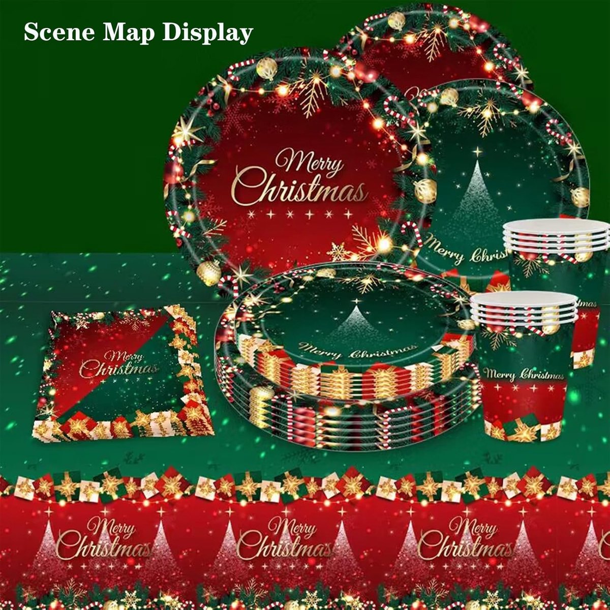 Kerstfeest Serviesset, Rood en Groen, 16 couverts met borden, kopjes, servetten, tafelkleed (servetten 20P)