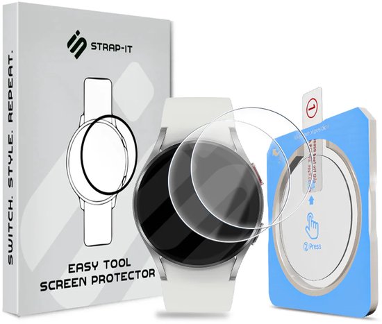 Doos, witte smartwatch met screenprotector en installatiehulp, met tekst 'EASY TOOL SCREEN PROTECTOR'.