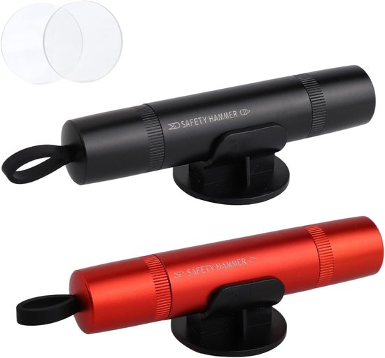 2 Pièces Marteau de Sécurité Rouge/Noir - Brise-Vitre - Coupeur de Ceinture - Marteau de Sécurité 2 en 1 & Coupeur de Ceinture - Sortie de Secours Portable pour la Voiture - Incluant Verre d'Essai et Support Adhésif - Coupeur de Ceinture