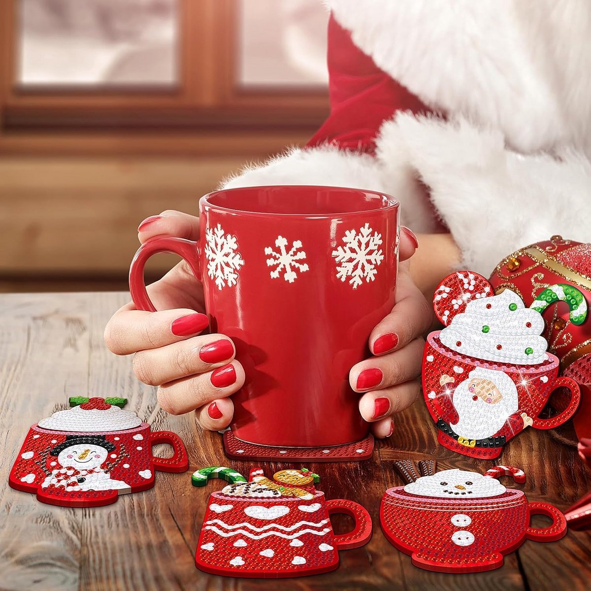 Set van 8 Diamant Kunst Onderzetters voor Kerst - Diamond Painting - Inclusief Houder