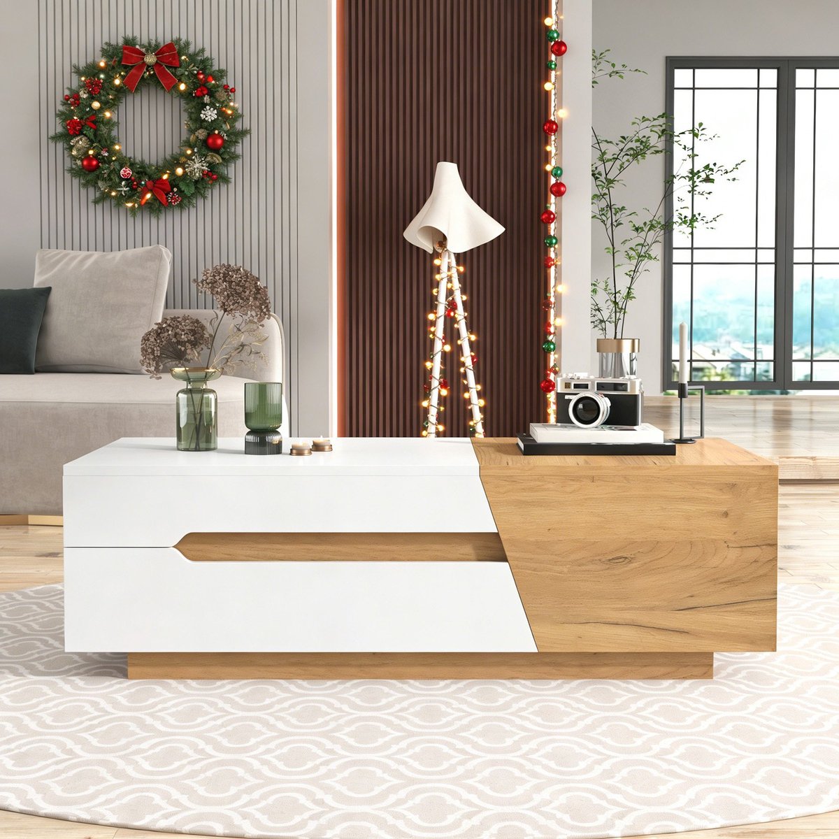 REDOM Uitschuifbare salontafel met schuifmechanisme en ruime opberglades, MDF, wit & naturel, 120×50×37,5 cm Natuurlijk+Wit