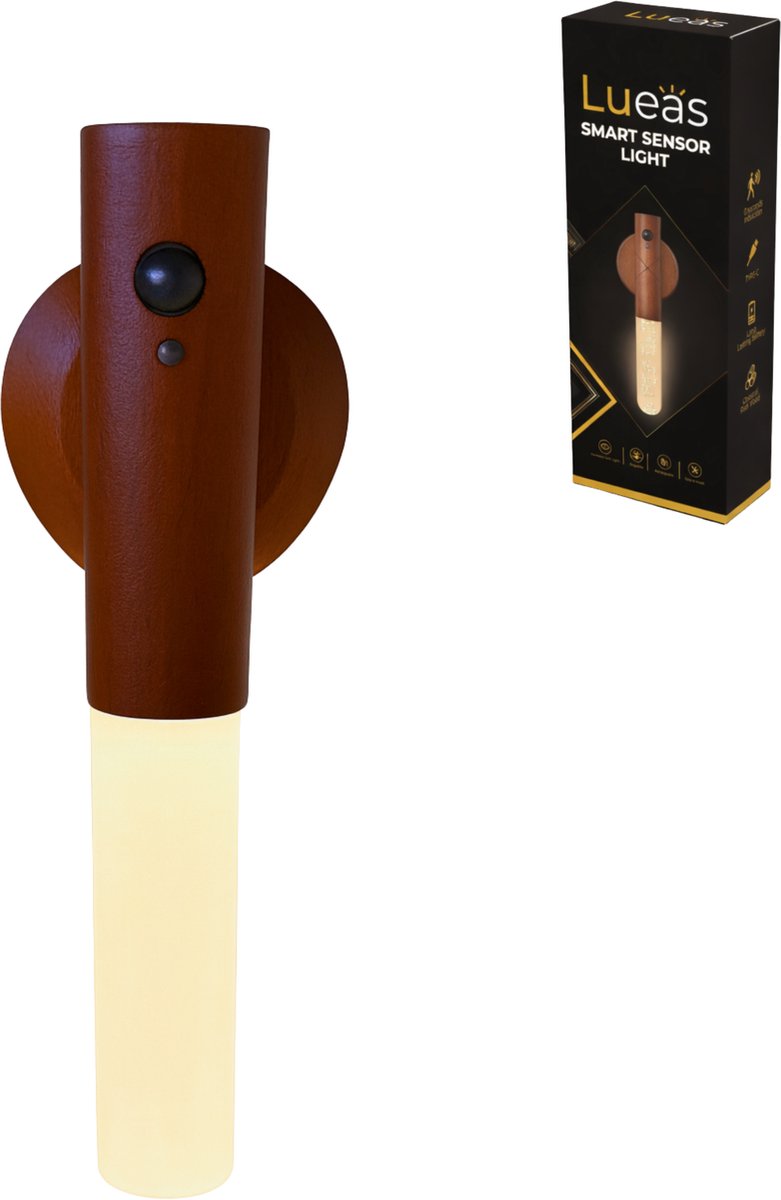 Lueas® - Draadloze wandlamp met bewegingssensor - warm licht - USB laadbaar - magnetisch - donkerhout kleur - vaag licht