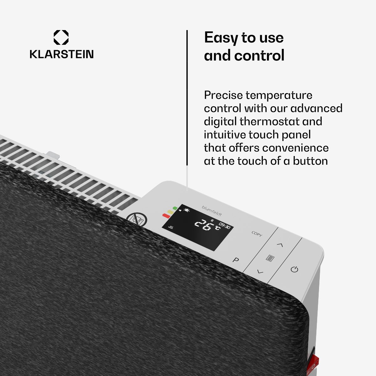 Blumfeldt ThermaTouch Convectorverwarming – 2000 W Elektrische Verwarming, Nauwkeurige Thermostaat, 24u Timer, IP24, Oververhittingsbeveiliging, Wand/Staand, 20 m², Donkergrijs