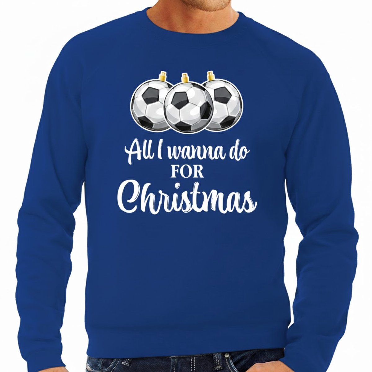 Bellatio Decorations Foute Kersttrui / sweater voor heren - voetbal Kerstbal - All I wanna do - blauw L