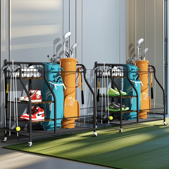 unho Golfopslag Garage Organizer - Golfrek geschikt voor 2 golftassen - Afsluitbare 360°-wielenstandaard - voor binnen en buiten - Opbergruimte voor golfuitrusting met 3 planken - Clubhouder - Ballenmand & haken van Merkloos — afbeelding 5