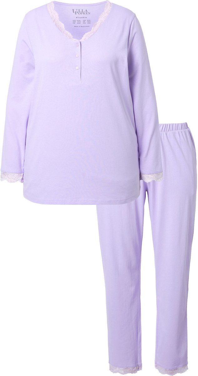 Ulla Popken Dames - Pyjama kant knopen V-hals lange mouwen - Zachtlavendel - Maat 46+